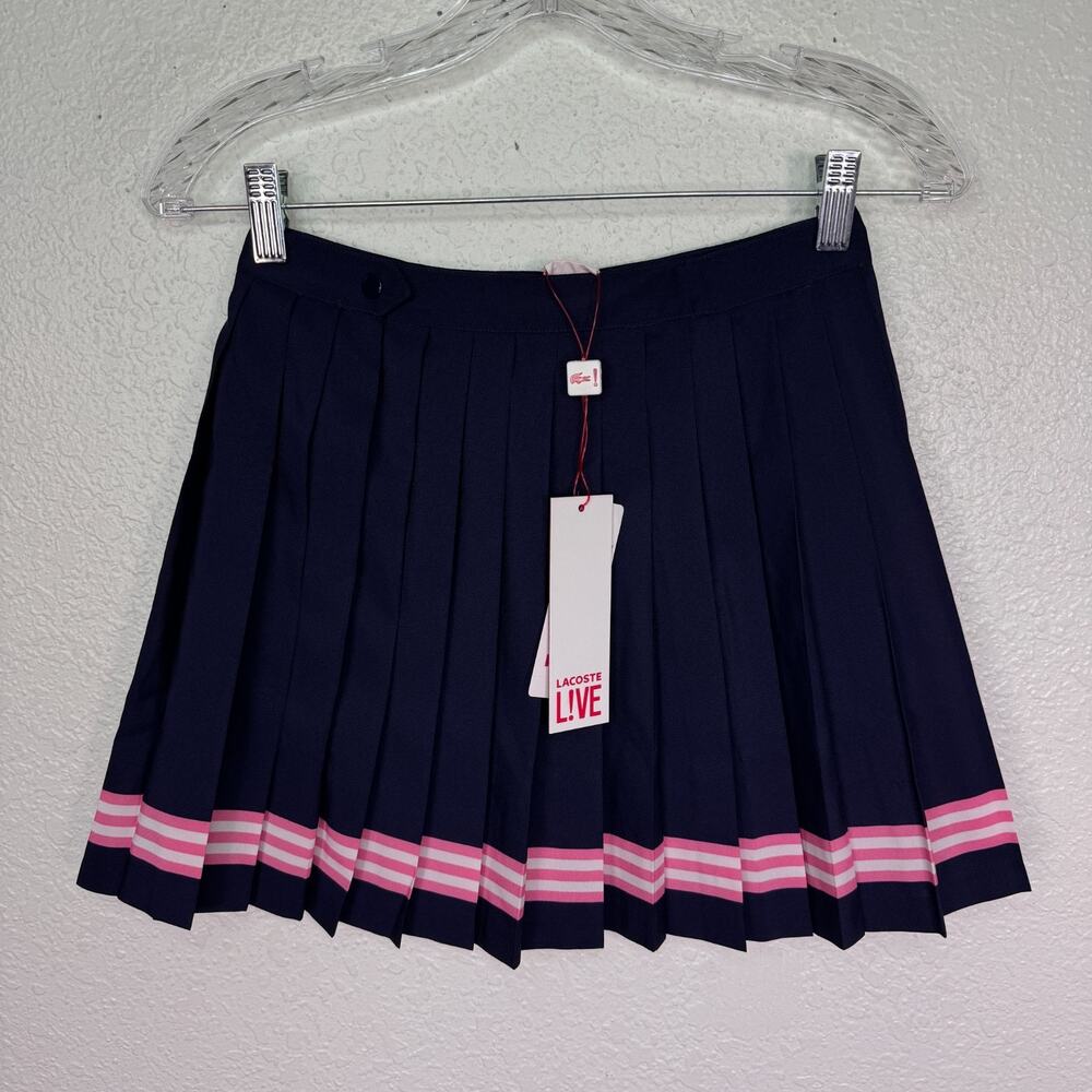 Lacoste Navy Pleated Mini Skirt with Pink Stripe Trim